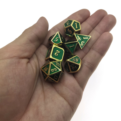 Bộ xúc xắc kim loại tùy chỉnh Kích thước hoàn thiện Bộ xúc xắc chơi game 16mm-22mm Bộ xúc xắc đa diện 7 mảnh Màu xanh lá cây mạ vàng