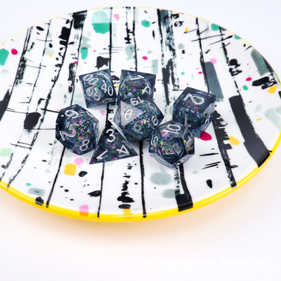 Blue-grey glitter liquid natural resin multi-face dice suite rồng và hầm ngục dnd dice