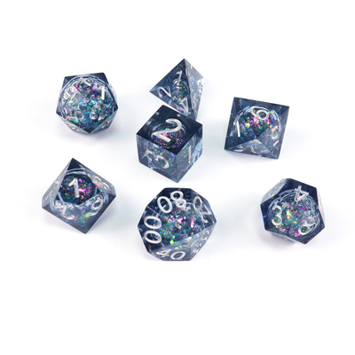 Blue-grey glitter liquid natural resin multi-face dice suite rồng và hầm ngục dnd dice