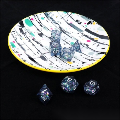 Blue-grey glitter liquid natural resin multi-face dice suite rồng và hầm ngục dnd dice