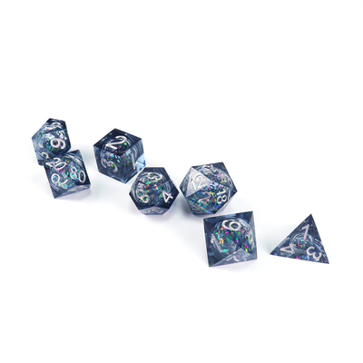 Blue-grey glitter liquid natural resin multi-face dice suite rồng và hầm ngục dnd dice