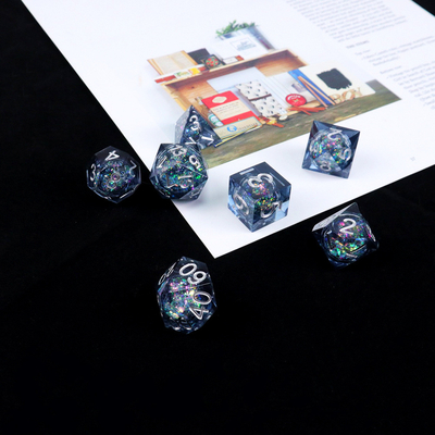 Blue-grey glitter liquid natural resin multi-face dice suite rồng và hầm ngục dnd dice