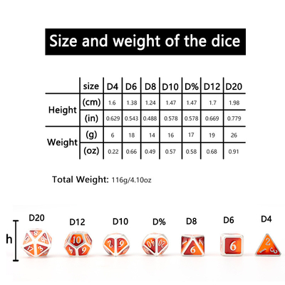 Đặt xúc xắc kim loại DND tùy chỉnh màu sắc polyhedron kim loại rắn với số bạc, được sử dụng cho trò chơi cờ vua D &amp; D