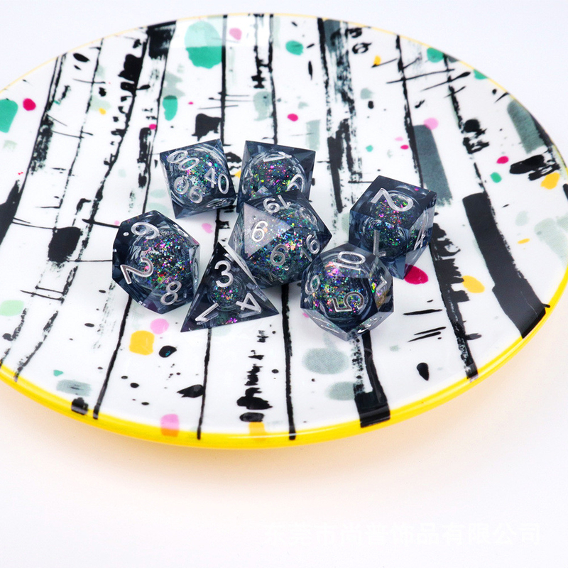 Blue-grey glitter liquid natural resin multi-face dice suite rồng và hầm ngục dnd dice